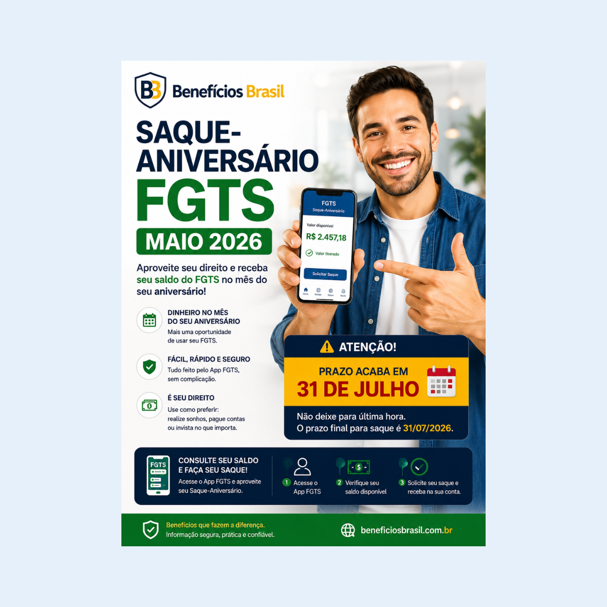 Calendário Saque-Aniversário FGTS 2026 com datas de maio junho e julho